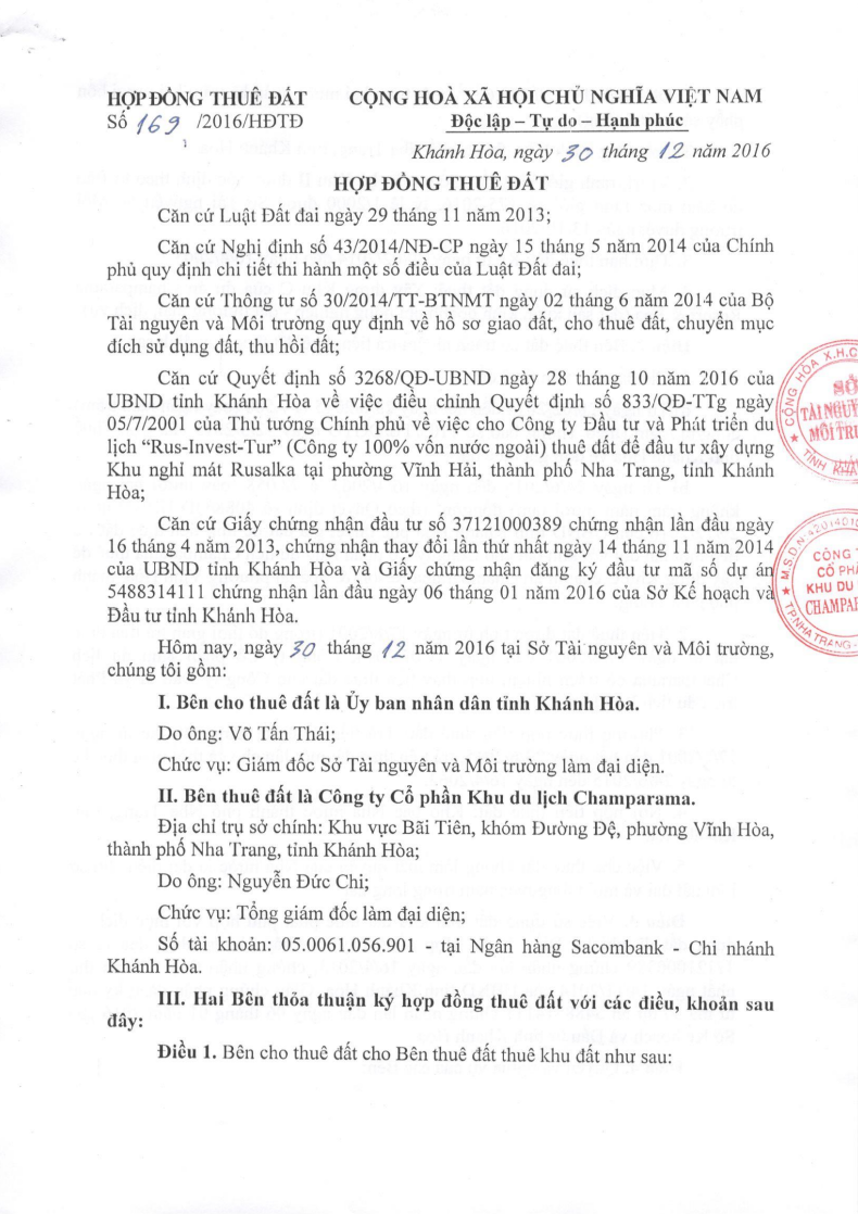 Hợp đồng thuê đất Libera trang 1